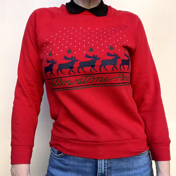 Jerzees Tops - JERZEES Vintage 80s Yellowstone National Park Christmas Raglan Sweater, Red, S